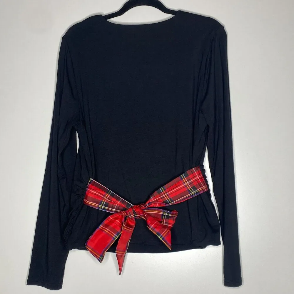 New J. Crew FormKnit Long Sleeve Plaid Tie Wrap Top Women's Size XL